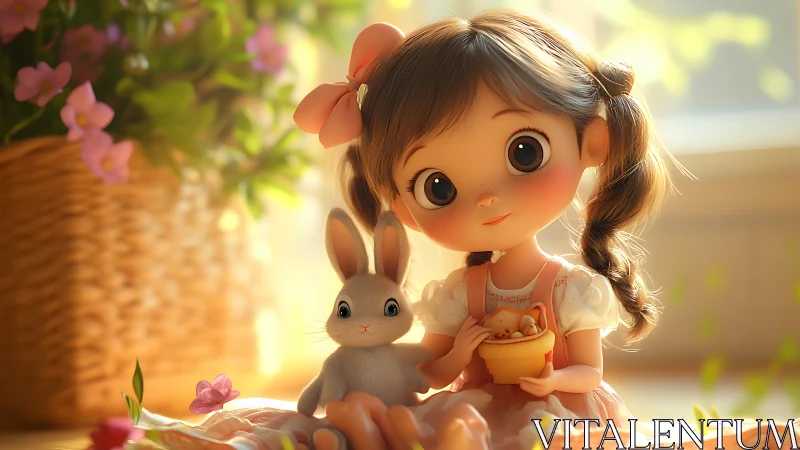 Cartoon girl with rabbit toy in soft indoor garden light.