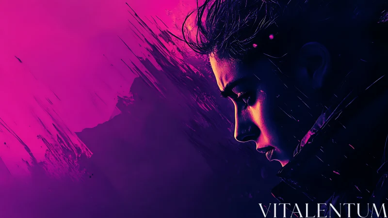 Neon-lit side profile of person against abstract magenta field.