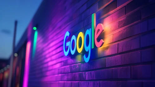 Google logo glows in neon colors on a sleek brick wall.