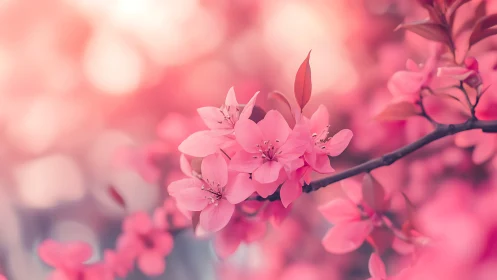 Pink flowering shrub branch with blurred background bokeh.