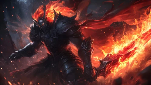 Armored infernal warlord strides forward wielding flaming sword