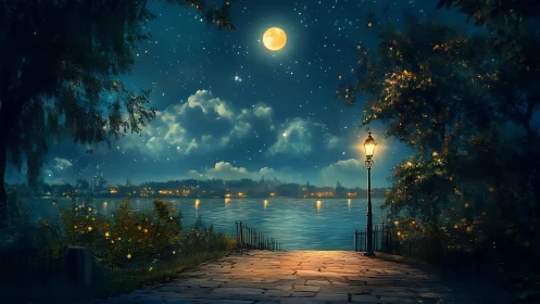 Moonlit riverside path glows under starry enchanted sky.