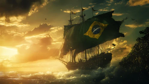 Sailing ship carries large Brazilian flag through sunset storm