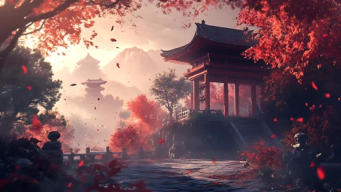 Red temple gate in misty autumn Japanese mountain valley.