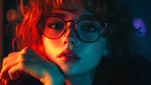 Neon-lit portrait captures thoughtful girl in vivid colors.