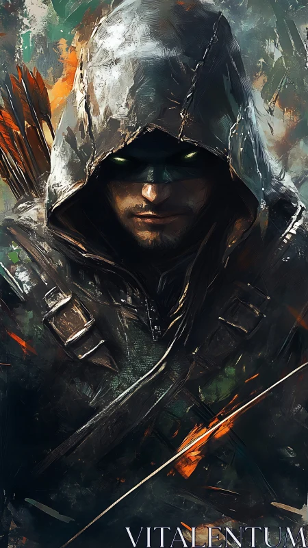 Hooded stealth archer with glowing eyes in dynamic brushwork