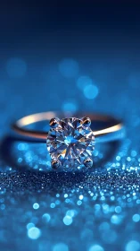 Solitaire diamond ring rests on blue glitter surface