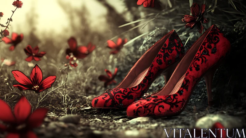 Red lace high heels amid glowing fantasy wildflowers.