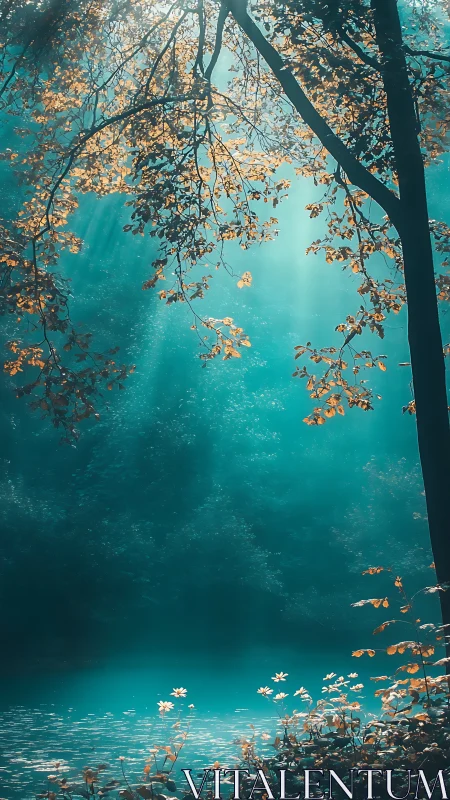 Turquoise Dreams: Golden Leaves Meet Misty Waters.
