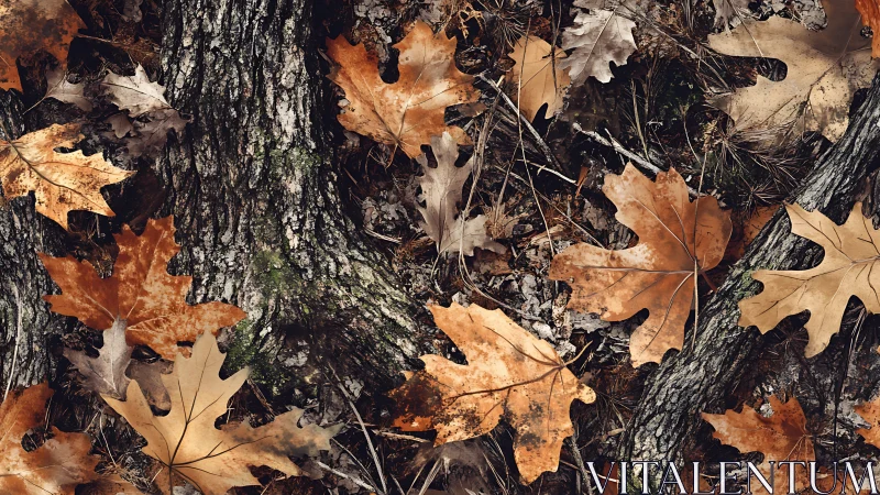 Photorealistic study of oak leaf litter on textured forest floor.
