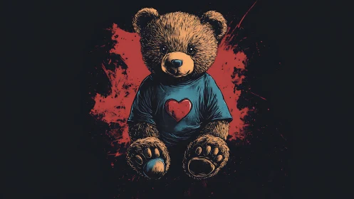 Brown teddy bear in blue heart shirt on dark red splash