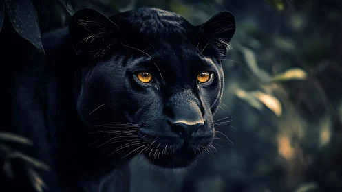 Black Panther Portrait with Luminous Golden Eyes in Shadows