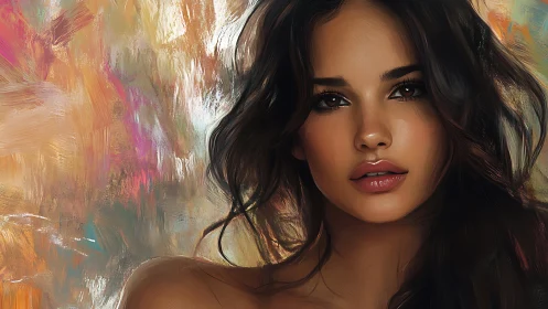 Digital portrait of brunette woman against abstract color field.