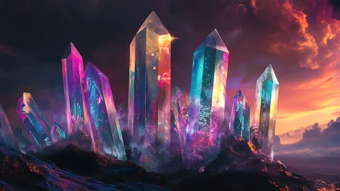 Spectral prismatic crystal spires under ionized sunset sky.
