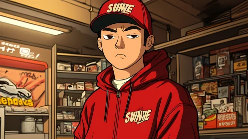 Streetwear clerk in saturated anime convenience store interior.