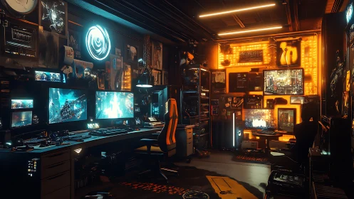 Dual-monitor cyberpunk battlestation renders immersive neon workspace