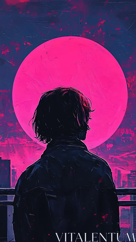 Lone figure contemplates a neon moon above the silent city