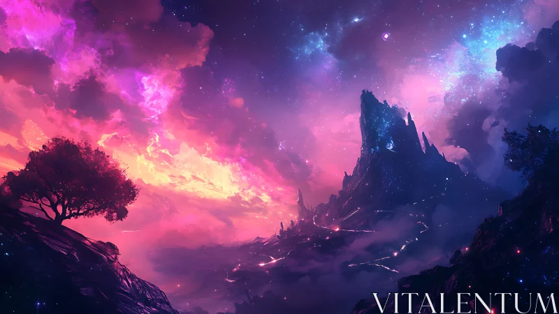 Dreamlit mountain peak glows beneath a vibrant cosmic sky