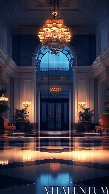 Grand hotel lobby with chandeliers and reflective marble floor.