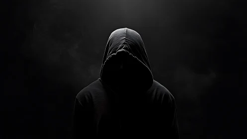 Photorealistic hooded silhouette in high-contrast chiaroscuro.