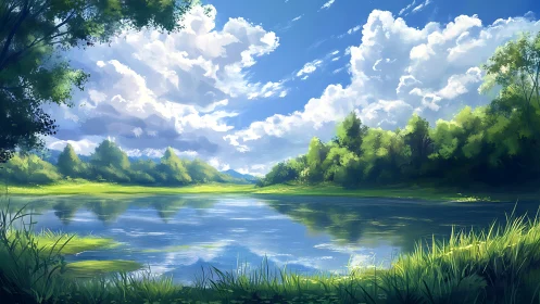 Sky-drenched forest lake dreamt in luminous summer stillness.