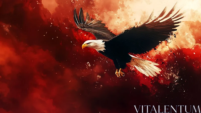 Majestic bald eagle soaring in dramatic fiery digital art style.