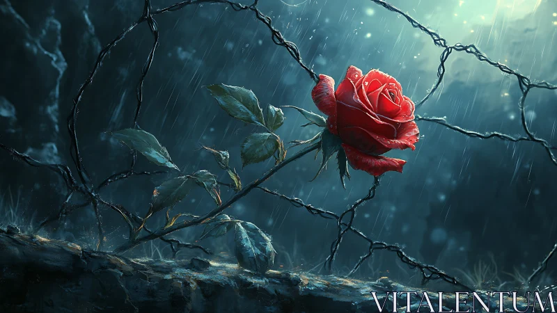 Rain-soaked rebel rose leans through broken wire and glows