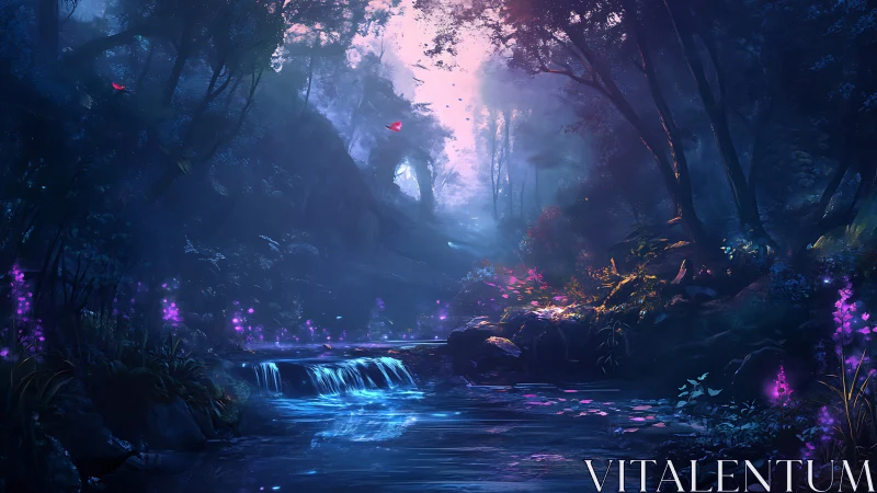 Luminescent forest landscape with glowing waterfall and mystical vegetation