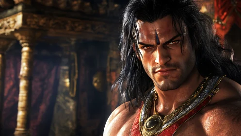 Warrior prince stands under ornate golden palace columns