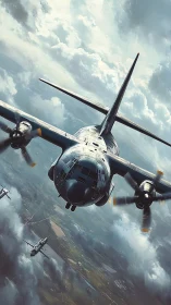 Bold transport aircraft soaring through bright stormy skies.