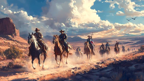 Cowboy riders cross sunlit desert under towering clouds.