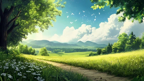 Grassy countryside path under trees and distant hills.