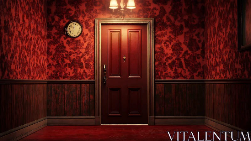 Crimson hallway door waiting under a nervous little clock.