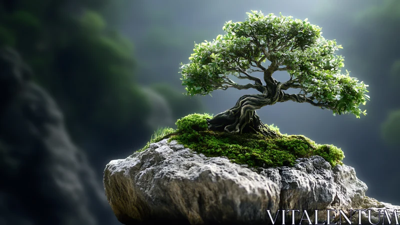 Miniature bonsai tree grows on mossy rock under soft light