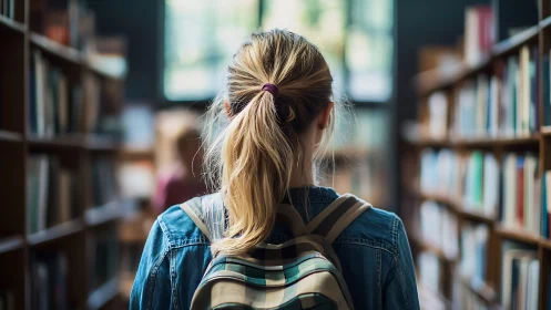 Student with Backpack in Library, Soft Natural Light, Realistic Style.