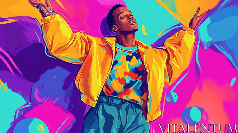 Color-drenched joy with a dancing soul in mid-gesture.