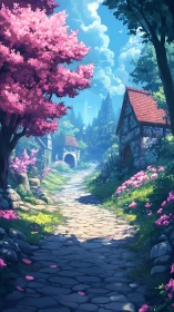 Sunlit cobblestone path winds through a blooming village.
