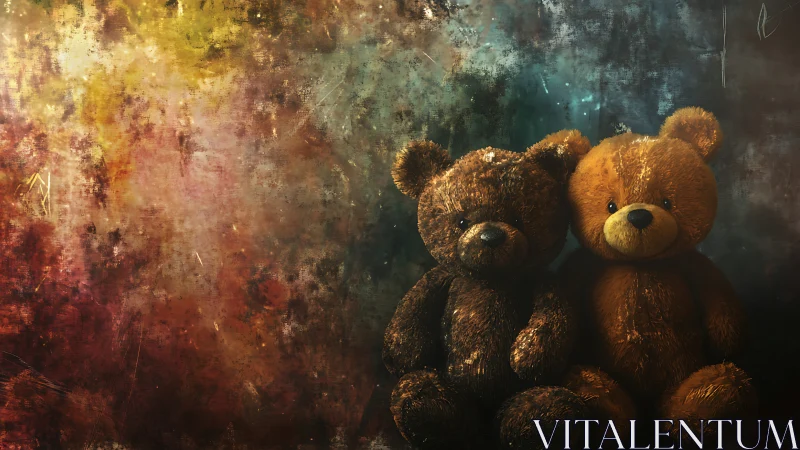 Teddy bear duo rest quietly against a dreamy textured backdrop.