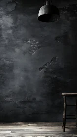 Industrial stool and lamp against dark textured wall.