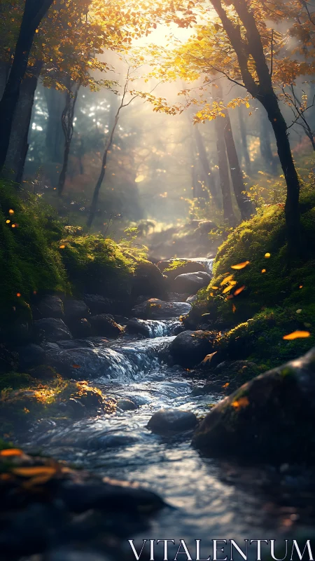 Sunlit forest stream flows through mossy rocks at dawn
