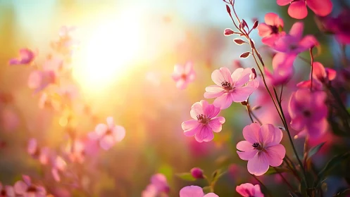 Pink Geraniums Glowing in Golden Sunlight.