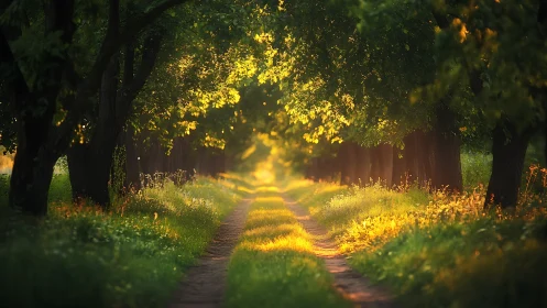 Sunlit Forest Path with Lush Greenery in Soft Focus Landscape.