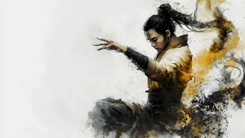 Martial mystic in swirling ink and ember storm of focus.