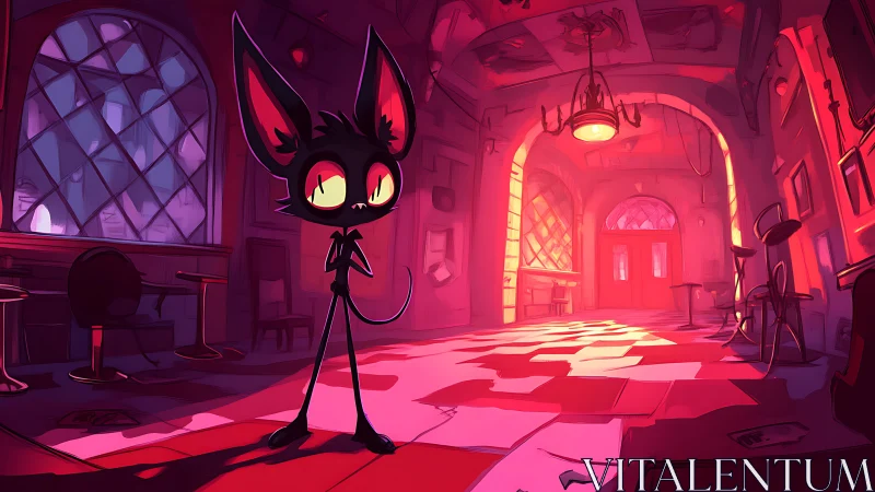 Big-eared cartoon cat watches over neon-lit empty hall.