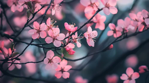 Pink cherry blossoms clustered on dark slender branches.