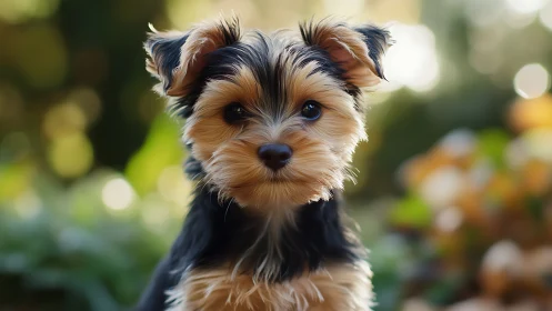 Yorkshire terrier puppy portraits soft autumn bokeh light.