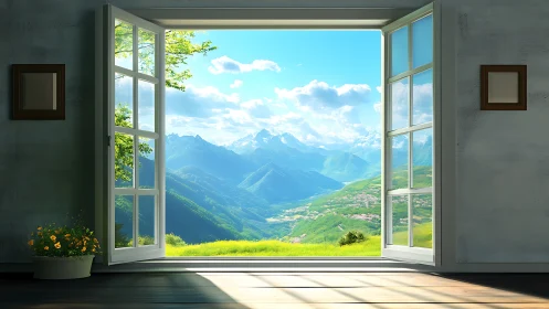 Open white window frames bright alpine valley panorama.