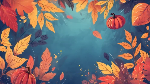 Autumn leaves frame with pumpkins on teal textured background.