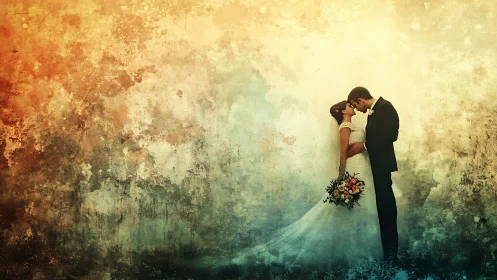 Bride and groom embrace tenderly amid dreamy abstract light