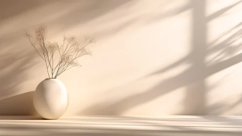 White ceramic vase with dry stems on sunlit neutral wall.